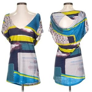 Deletta Anthropologie Abstract Art Tunic Top Open Back Feminine Eclectic Bold